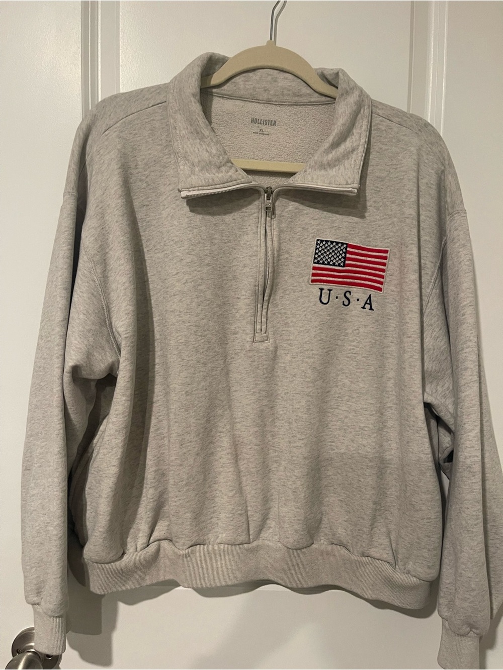 Hollister Light Gray Quarter-Zip Sweatshirt with USA Flag